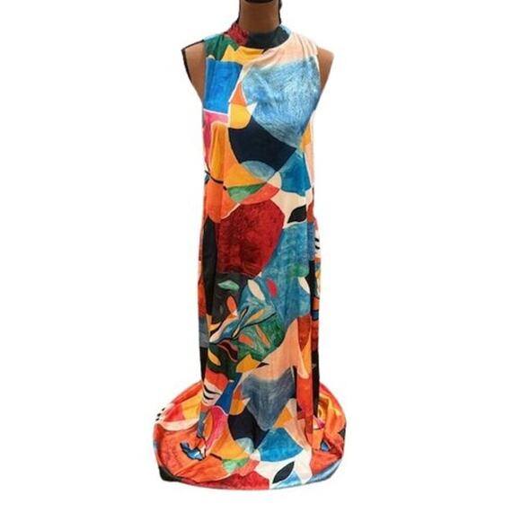 Nicole Miller Halter Neck Sleeveless Abstract Print Satin Maxi Dress – Small - Picture 1 of 9